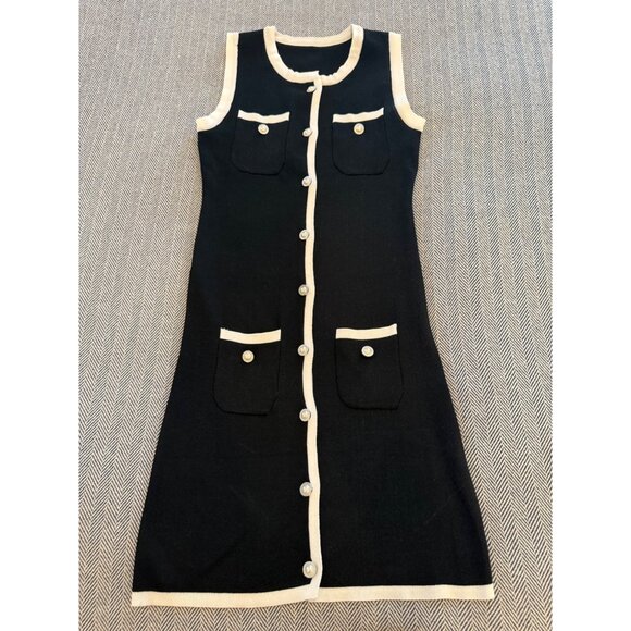 Vintage-Inspired Black Sleeveless Knit Dress With Pearl Buttons & Cream Trim Mid - Picture 1 of 10